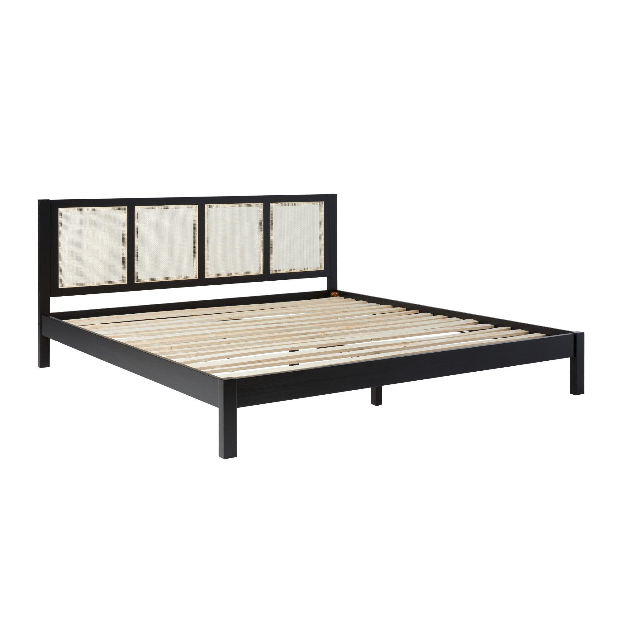 Boho Solid Wood Rattan Panel Headboard King Bedframe