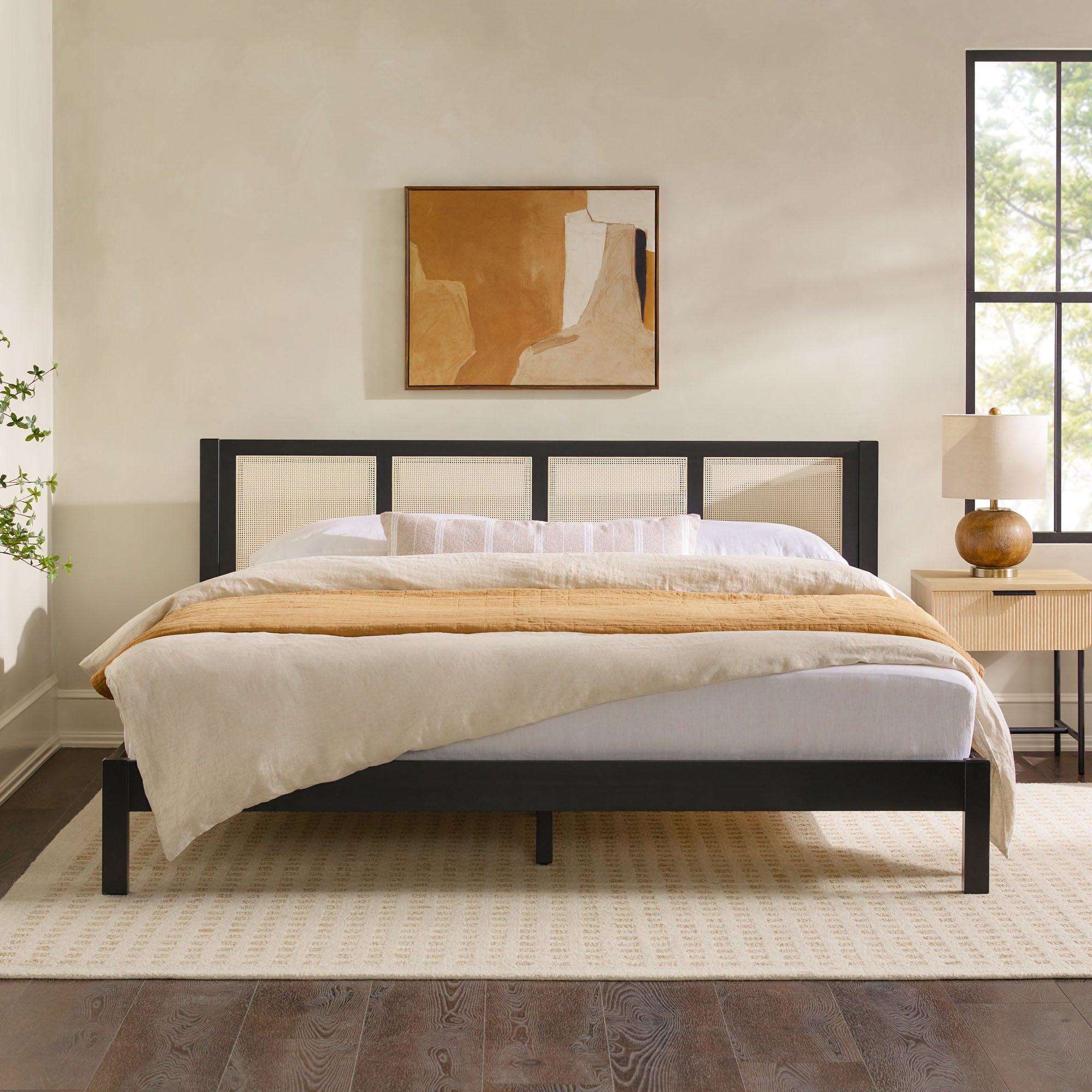 Boho Solid Wood Rattan Panel Headboard King Bedframe
